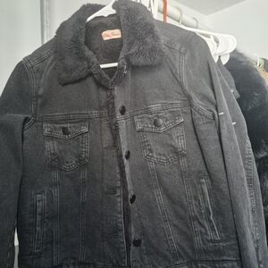 Black Denim Jacket with Faux Fur Colar And Inside. So Soft Inside